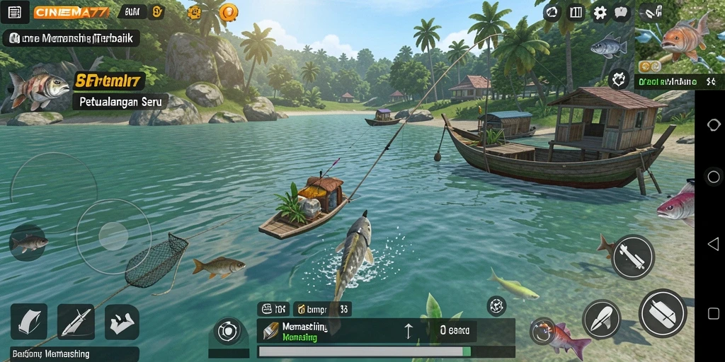 Tampilan antarmuka CINEMA77 yang menarik saat memancing di berbagai lokasi.