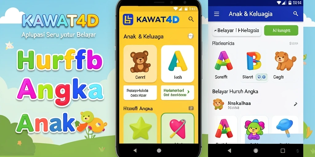 Antarmuka aplikasi KAWAT4D untuk belajar huruf dan angka.