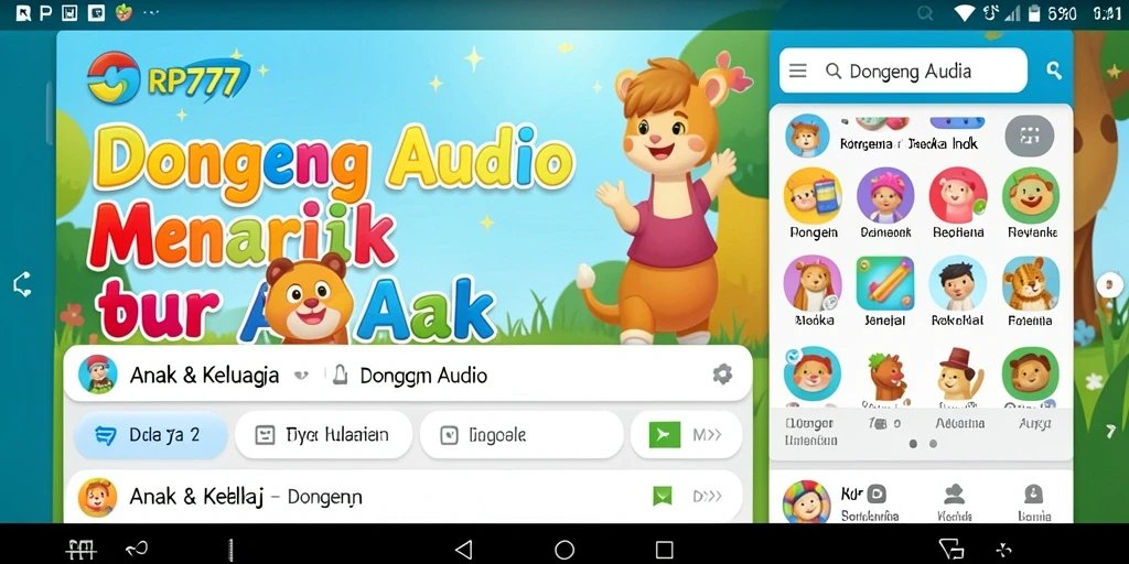 Antarmuka pengguna aplikasi Dongeng Audio yang ramah dan interaktif.